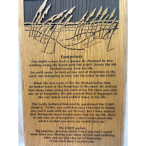 Foot Prints in the Sand on a Solid Oak Plaque Laser Engraved Piece 6.25" x 4.25" - Picture 2 of 5